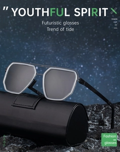 Detail of futuristic men's polarized sunglasses with textured black leather storage case