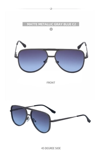 Détail de lunettes aviateur bleu gris mat avec charnières à ressort et verres dégradés