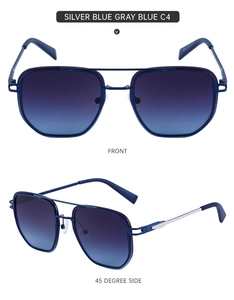 Front and side view of silver and blue metal navigator sunglasses with gradient lenses