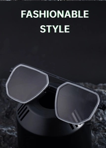 Macro detail of square polarized sunglasses with double bridge and white outlined frame