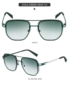 Detailed view of square metal sunglasses with gold green gray frames and gradient lenses