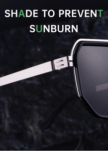 Detailed close-up of square sunglasses with silver metal hinges and dark grey lenses