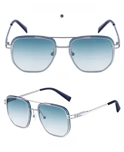 Front and 45-degree side view of vintage silver square metal aviator sunglasses