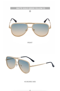 Vue détaillée des lunettes d'aviateur dorées mates avec verres dégradés bleu-jaune