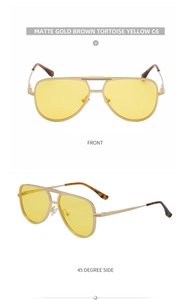 Détail de lunettes aviateur or mat avec verres jaunes et embouts en écaille de tortue