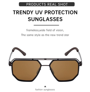 Detail view of polarized fishing sunglasses featuring irregular grey metal frames and UV lenses