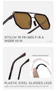 Detail of flexible plastic-steel temples showing high elasticity of square polarized sunglasses
