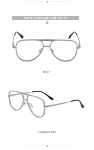 Lunettes anti-lumière bleue en argent mat, vues de face et de profil détaillées