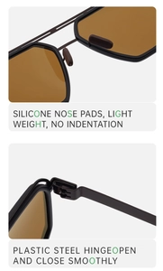 Detail view of polarized sunglasses with silicone nose pads and durable plastic-steel hinges