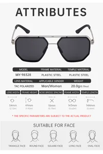 Detailed size chart for square polarized sunglasses with plastic steel temples