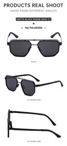 Detailed views of matte black square sunglasses with TAC polarized gray lenses and steel temples