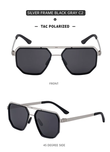 Front and side view of silver metal aviator sunglasses with dark grey polarized lenses