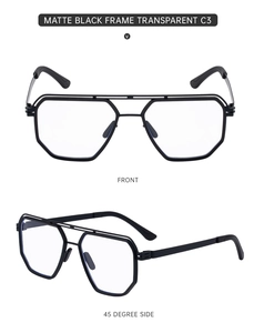 Front and 45-degree side view of matte black double bridge square sunglasses frames