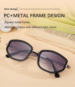 Detail of square frame sunglasses with purple gradient lenses and silver metal temples