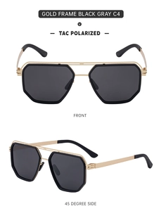 Detail view of gold frame polarized sunglasses with TAC black gray lenses and double beam