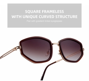 Detail of square gradient sunglasses featuring golden metal temples and hollowed-out texture