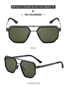 Detail view of square polarized sunglasses with metal double bridge and G15 green lenses