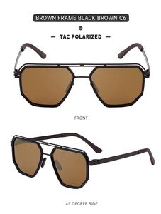 Detailed front and 45-degree side views of men's matte brown polarized sunglasses