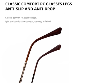 Detail of amber PC anti-slip temple tips on slim metal sunglasses frames for comfort