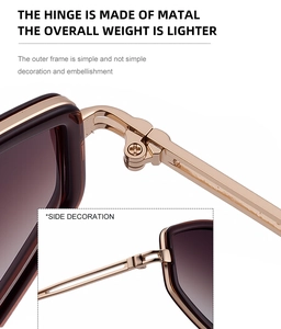 Detail of high-quality golden metal hinges and lightweight temples on square sunglasses