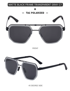 Front and side view of matte black polarized sunglasses with transparent gray lenses