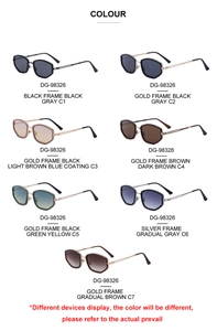 Detailed view of square frame sunglasses DG-98326 in seven diverse color options