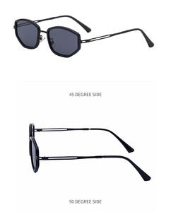 Detail view of 45 and 90 degree side angles showing hollow metal temples on square sunglasses