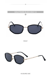 Close-up of golden square metal temples and dark gray lenses on fashion sunglasses