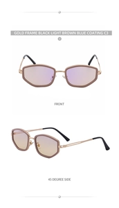Detail of small geometric sunglasses featuring gold metal frames and blue coated lenses