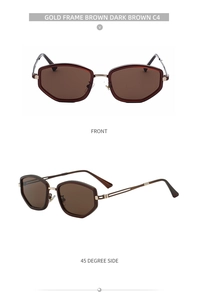 Detailed front and side views of square sunglasses with gold metal temples and brown lenses