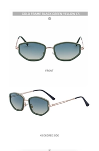 Front and 45-degree side views of square sunglasses with gold metal frames and gradient lenses