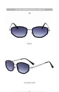 Detail view of silver metal hexagonal sunglasses with gradual gray lenses from two angles