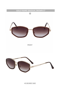 Detailed front and side views of square gold metal sunglasses with brown gradient lenses