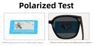 Close-up of polarized lens showing the hidden fish pattern on the testing card