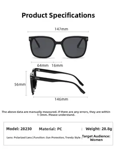 Detailed size specifications for square polarized sunglasses with 147mm frame width