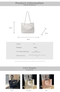 Detailed size chart for the PU tote bag featuring 34x28x12cm dimensions and color options