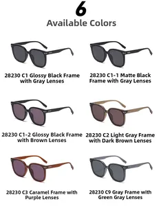 Matrix of six square polarized sunglasses in black, grey, and caramel frame color options
