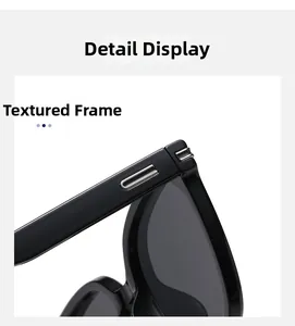 Detailed view of black square sunglasses with silver metal inlay on the hinge
