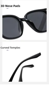 Detail of ergonomic integrated nose pads and curved temples on square sunglasses