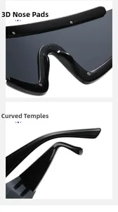 Detail view of ergonomic nose pads and curved temples on black sports sunglasses