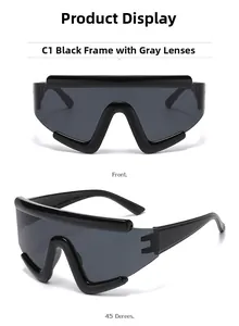 Detail view of sporty black frame sunglasses with grey lenses from front and side angles