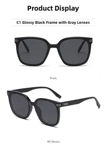 Close-up of C1 glossy black square polarized sunglasses with silver metal decorative trim