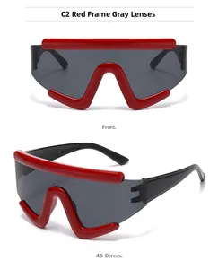 Front and 45-degree views of red frame windproof cycling sunglasses with grey lenses