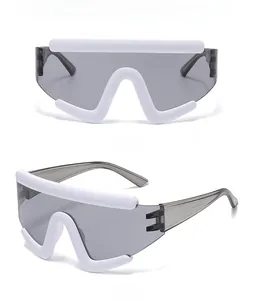 Front and 45-degree views of sporty white wrap-around sunglasses with grey lenses