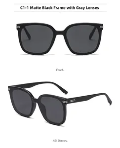 Front and 45-degree views of square matte black polarized sunglasses with grey lenses