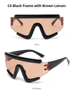 Close-up of futuristic black wrap-around cycling sunglasses with brown panoramic lens