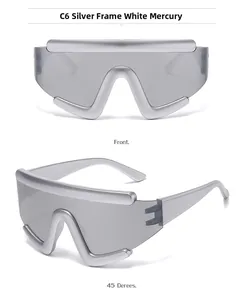 Detail view of silver sports sunglasses with silver mirror lenses from front and side