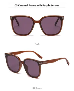 Square polarized sunglasses in caramel frame with purple lenses from front and side angles