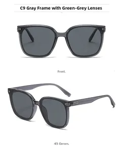 Detail view showing front and side angles of square polarized gray frame sunglasses