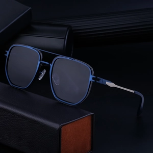 2025 modern square frame sunglasses with blue-black metal double bridge on leather case